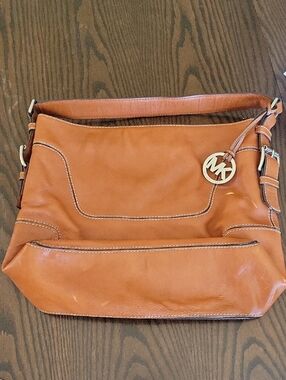 Michael Kors Cognac Leather Shoulder Bag with MK Logo Charm